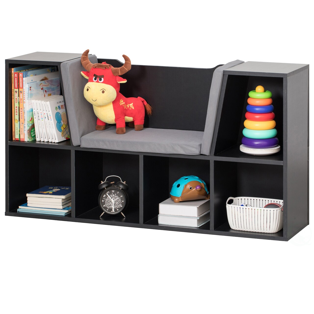 Basicwise Bookshelf with Reading Nook and Storage Bench - 6 Cubbies, 2 Top Shelves, Gray Cushion - Playroom Organization, Toy Storage, Bookcase for Bedroom, Nursery, 44" W x 11" D x 24" H